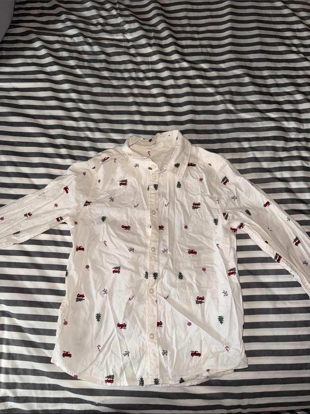 H&M White Button-Down Shirt with Red Truck & Green Tree Print